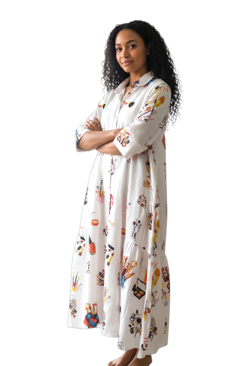 White Makeup Printed Jacket Cum Dress
