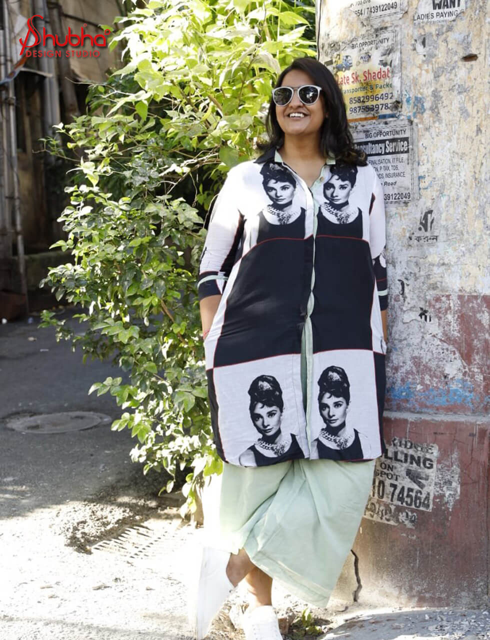 Organic Cotton Audrey Hepburn Printed Kurta Cum Jacket Dress