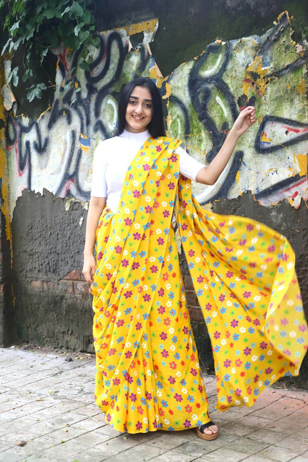 Yellow Floral Printed Holiday Saree