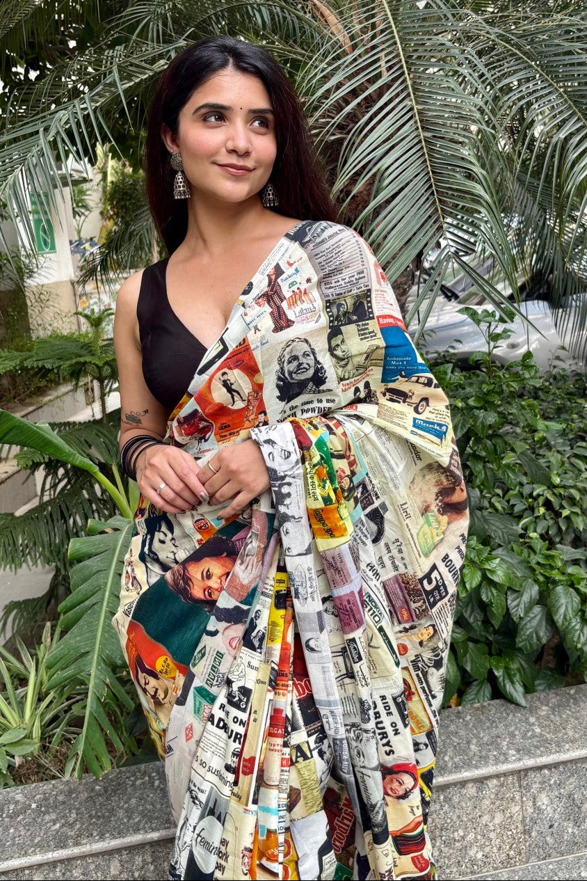Vintage Ads Printed Organic Saree
