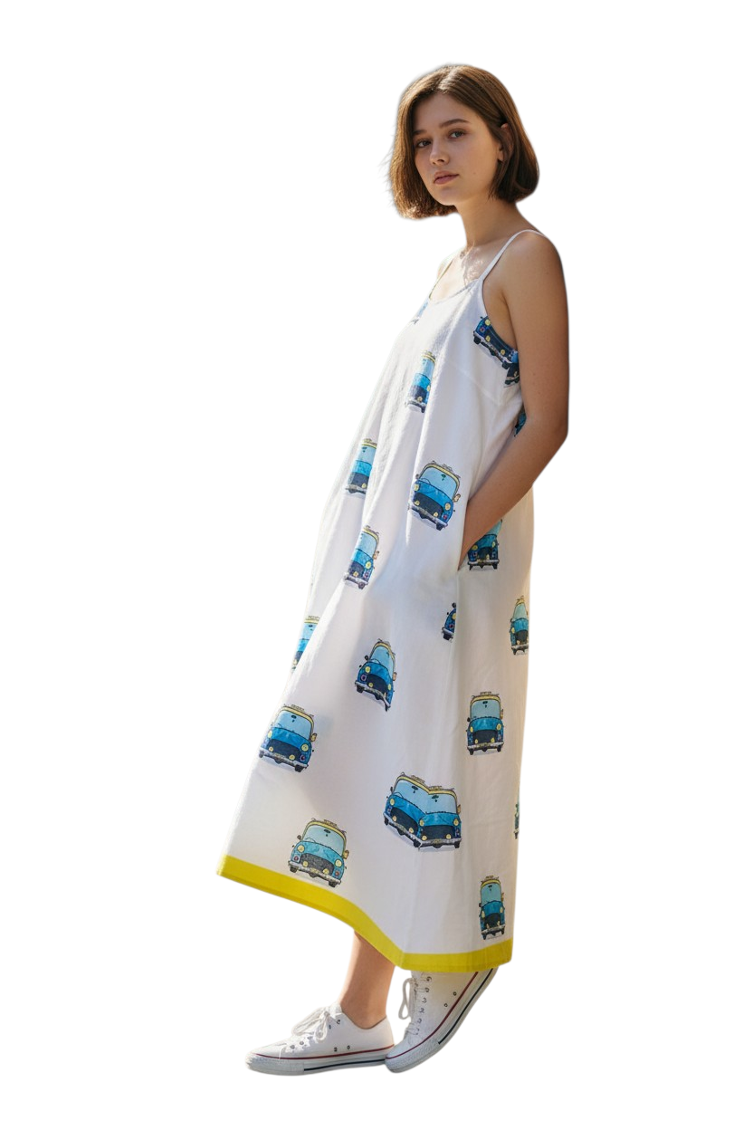 Blue Cars Printed Strappy Dress