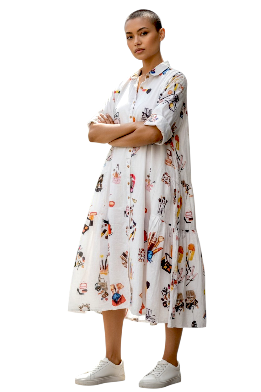 White Makeup Printed Jacket Cum Dress