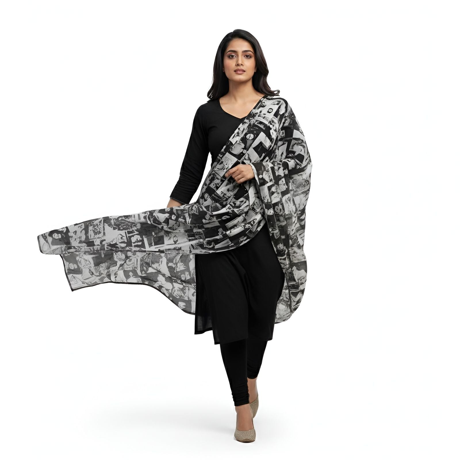Maharani Gayatri Devi Printed Stole in Black & White