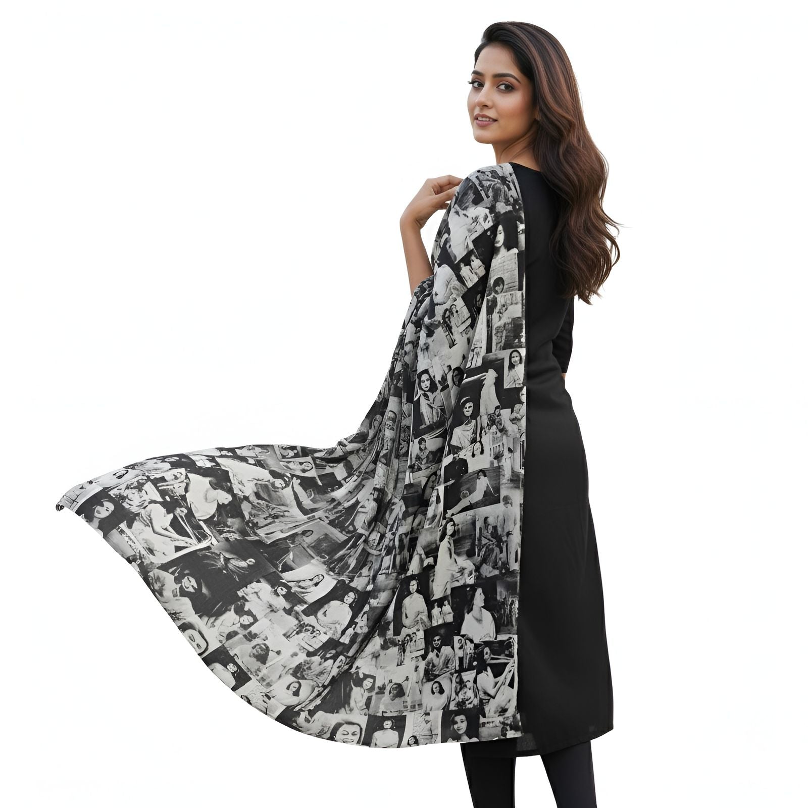 Maharani Gayatri Devi Printed Stole in Black & White