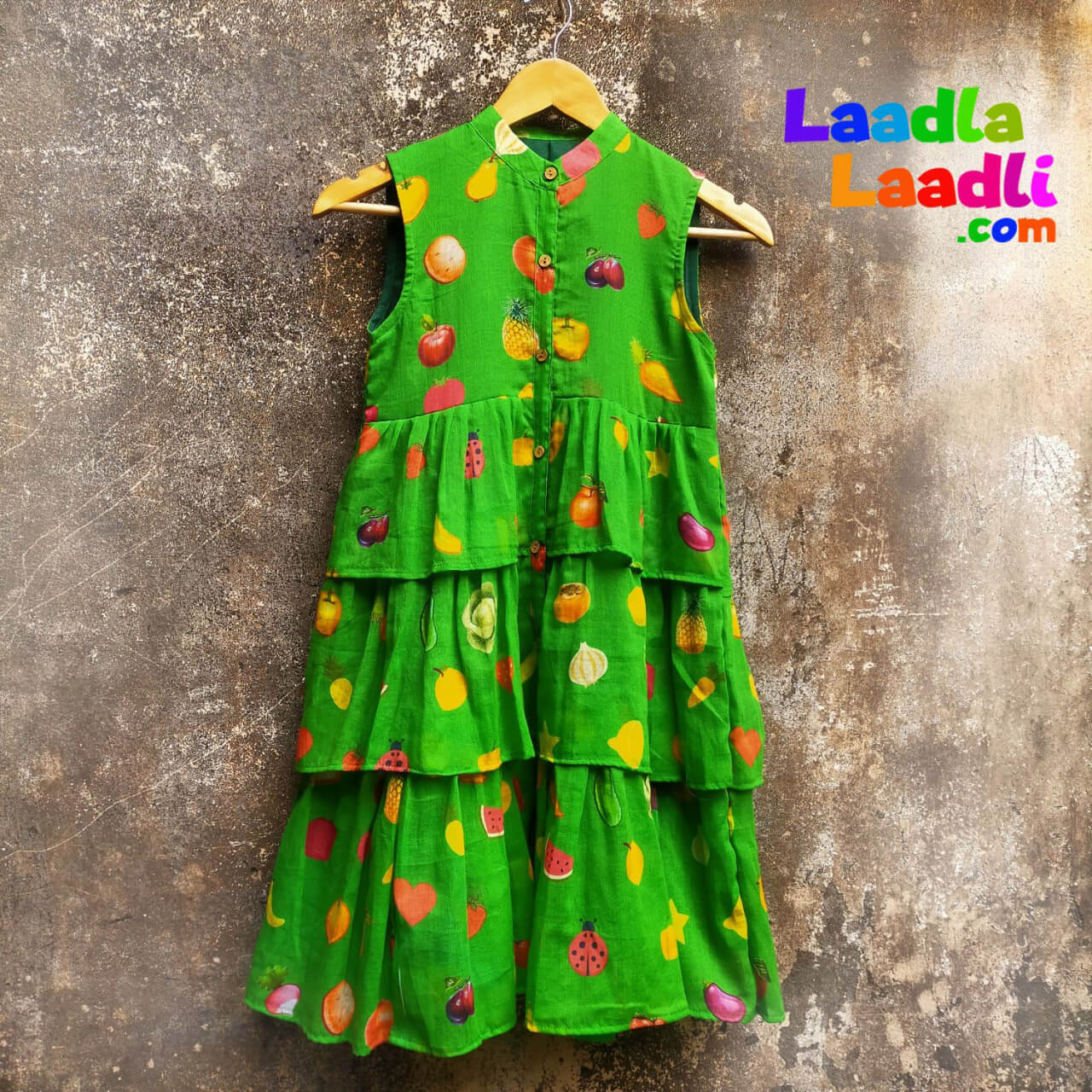 Fruits And Vegetable Printed Organic Cotton Green Frock With Frills