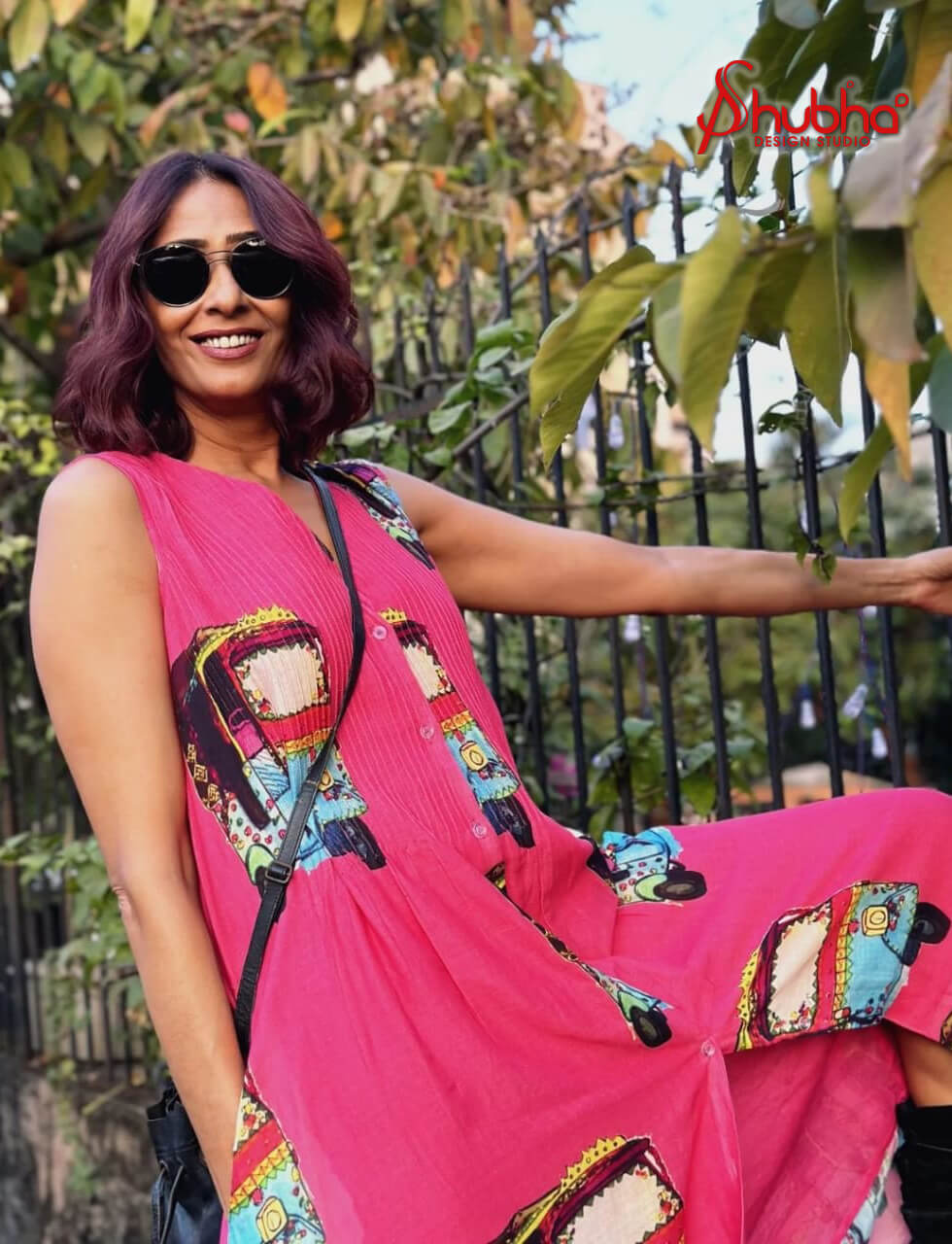 Neon Pink Auto Printed Sleeveless Dress Front Open