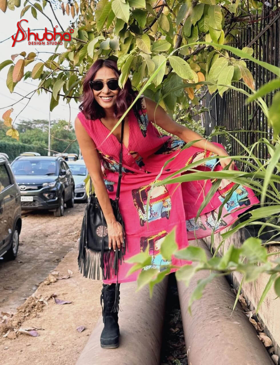 Neon Pink Auto Printed Sleeveless Dress Front Open