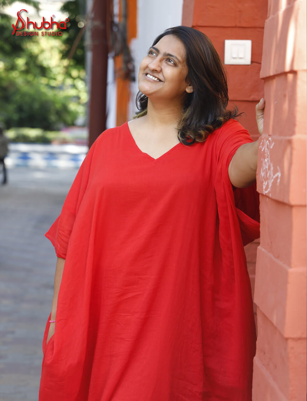 Organic Cotton Vermilion Red Flowy Kaftan