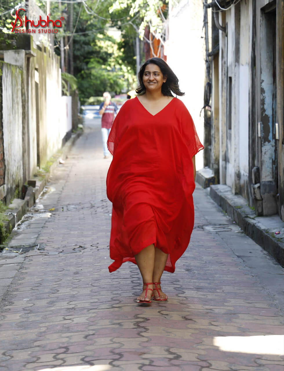 Organic Cotton Vermilion Red Flowy Kaftan