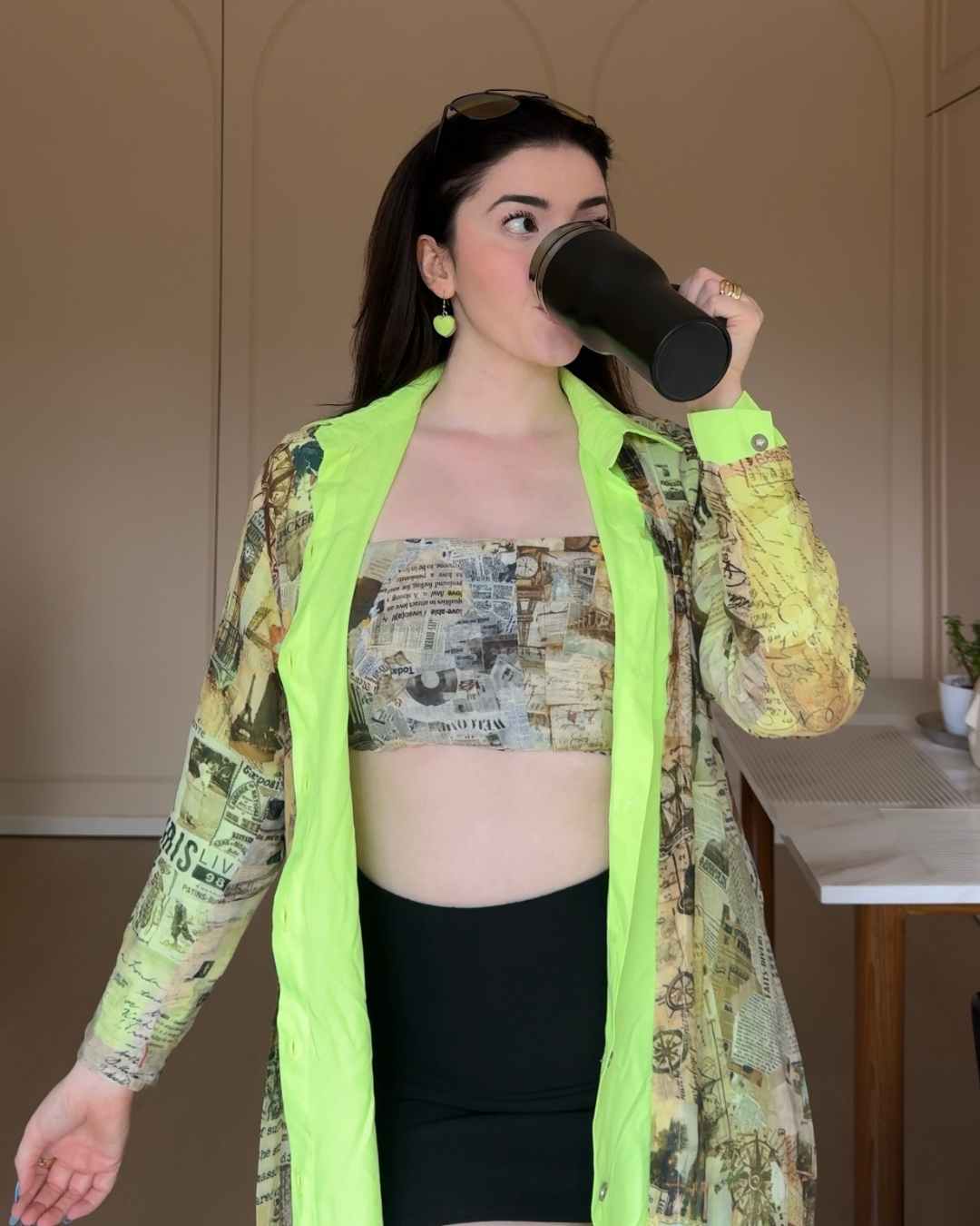 Vintage Newspaper Printed Jacket with Neon Touch