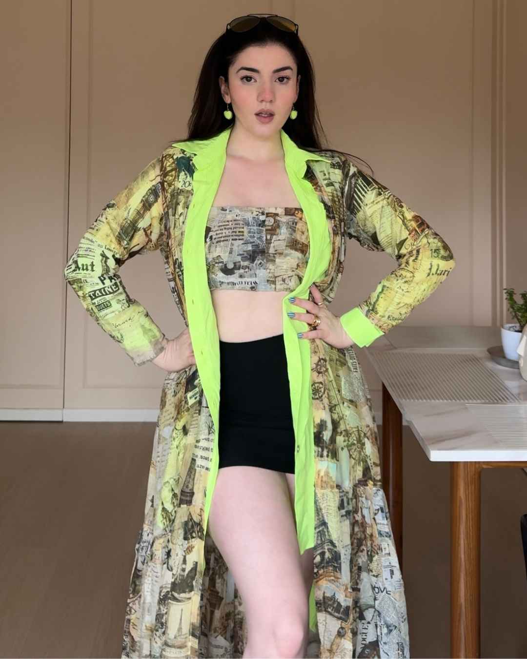 Vintage Newspaper Printed Jacket with Neon Touch
