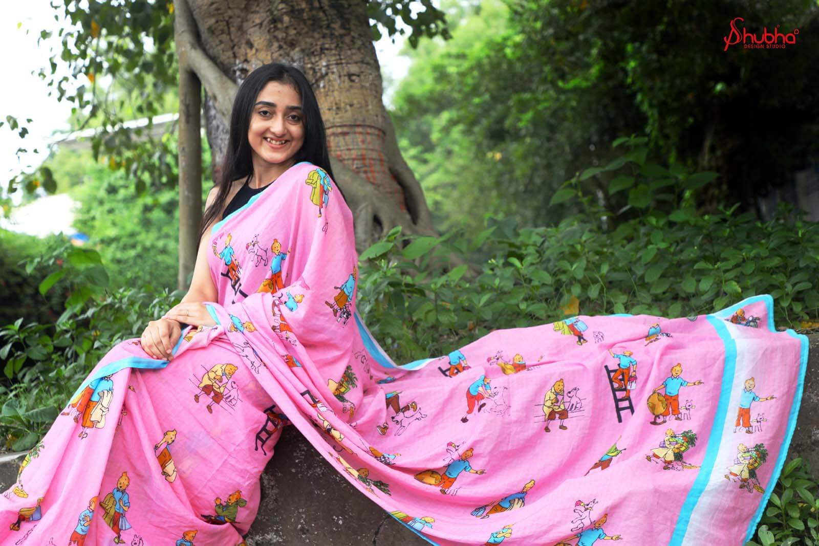 Pink Tintin Printed Saree
