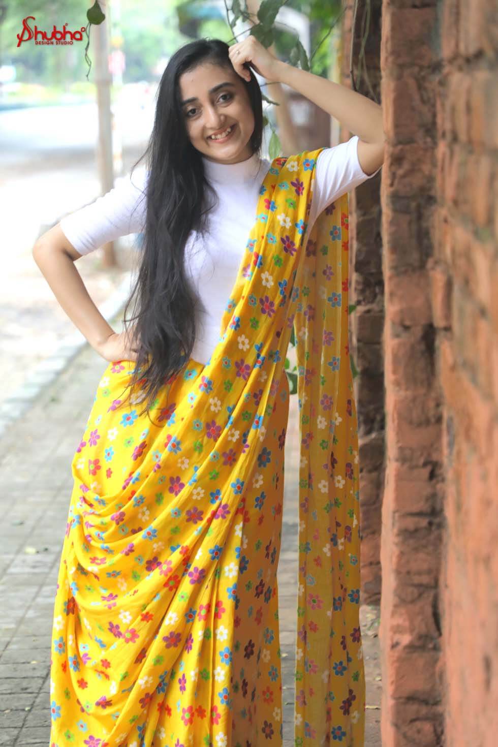 Yellow Floral Printed Holiday Saree