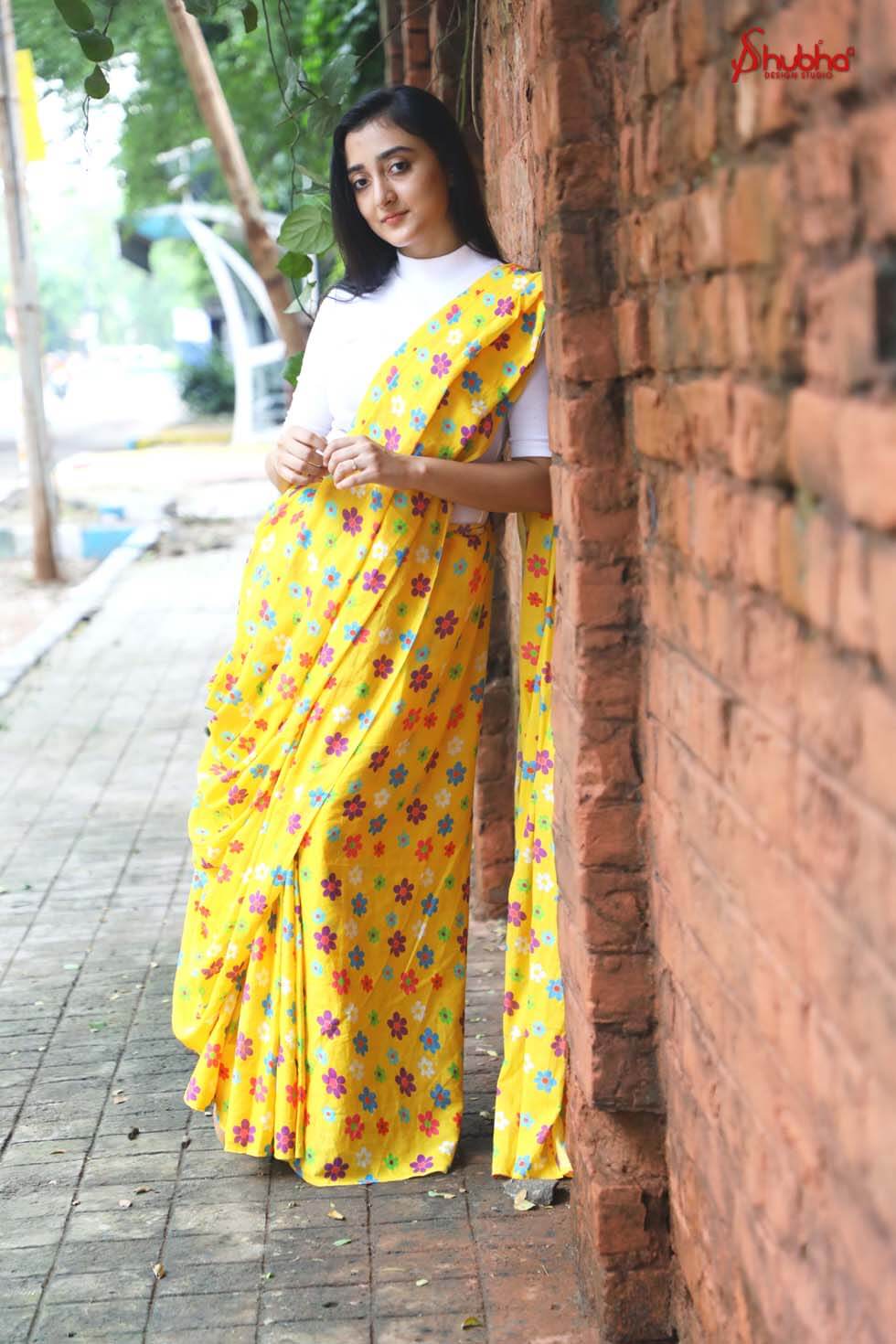 Yellow Floral Printed Holiday Saree