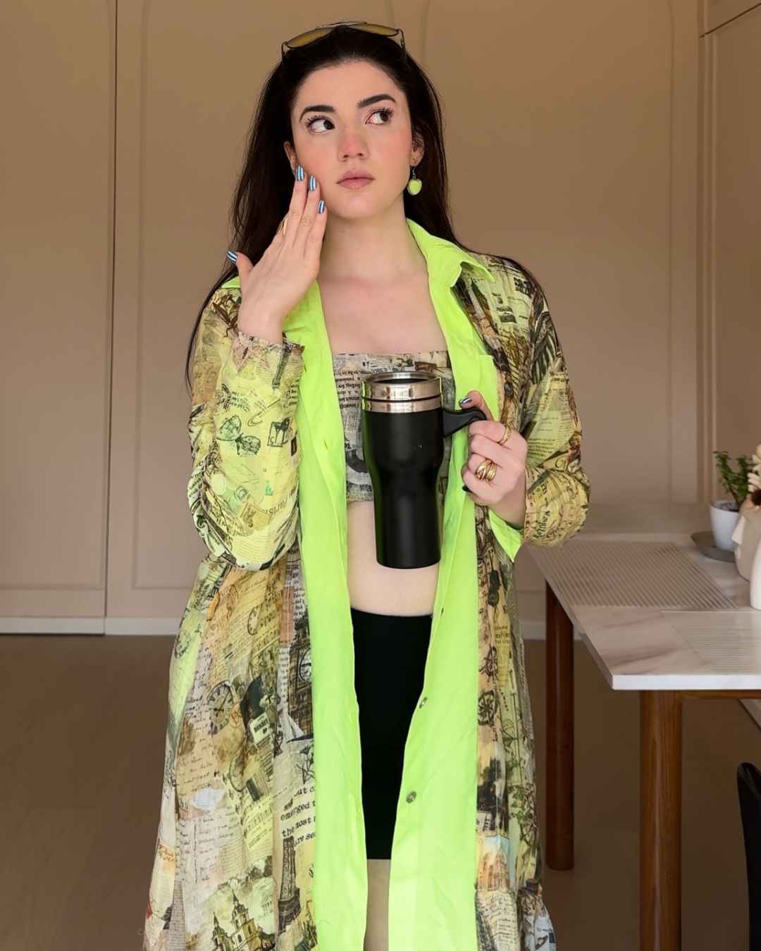 Vintage Newspaper Printed Jacket with Neon Touch
