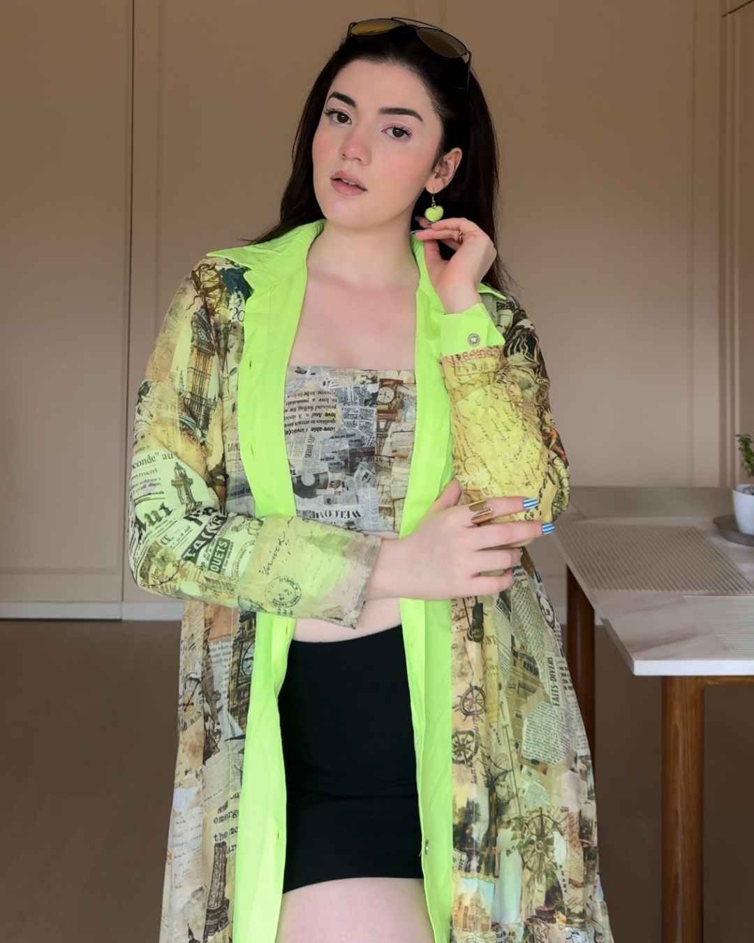 Vintage Newspaper Printed Jacket with Neon Touch