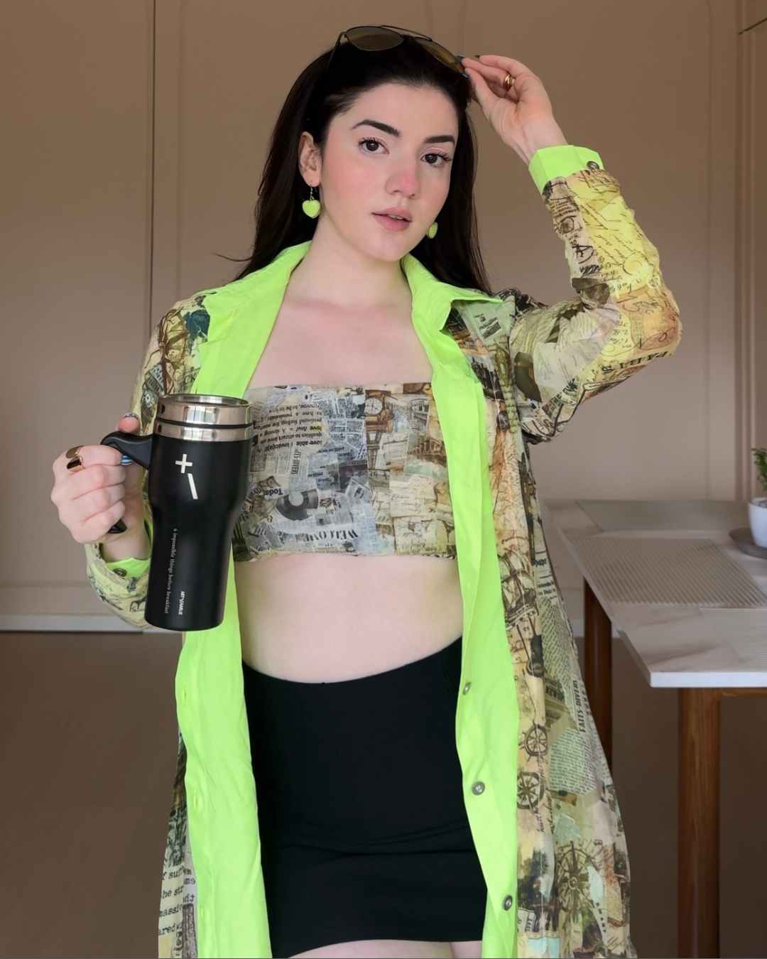 Vintage Newspaper Printed Jacket with Neon Touch
