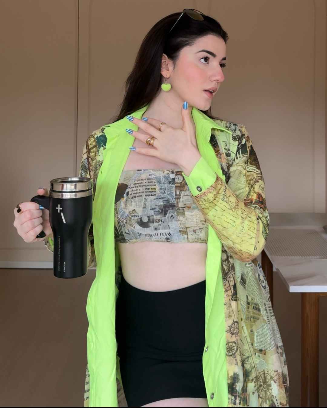 Vintage Newspaper Printed Jacket with Neon Touch