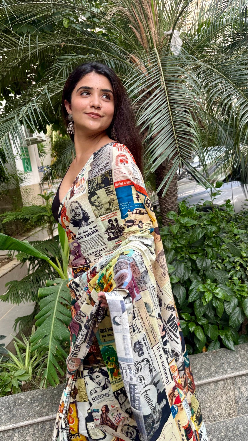 Vintage Ads Printed Organic Saree