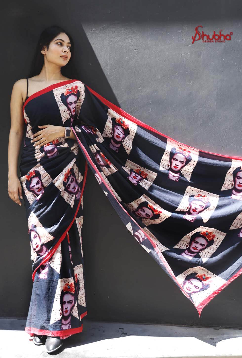 Black Frida Kahlo Printed Saree With Red Border