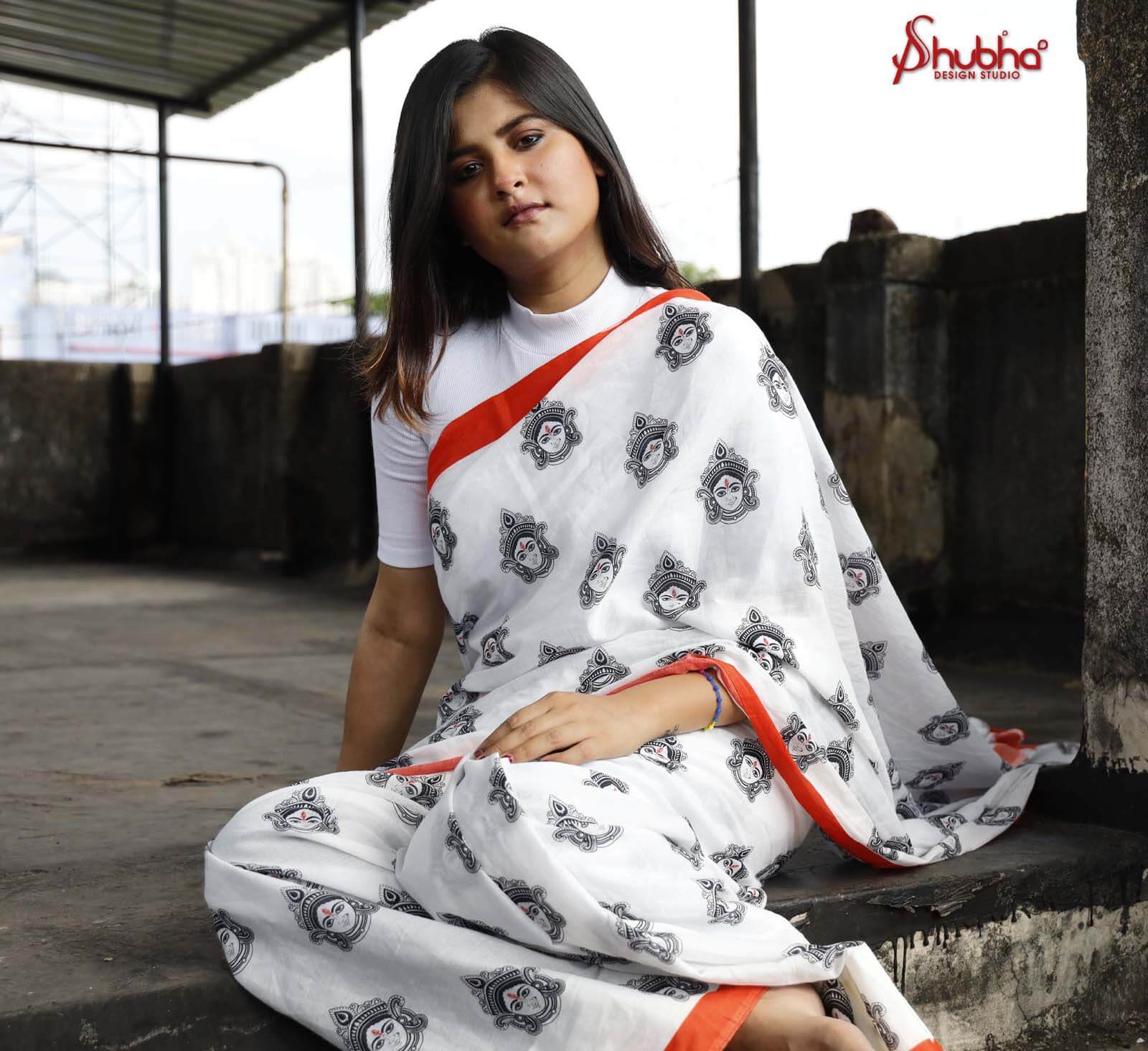 Black And White Durga Printed Saree With Orange Border