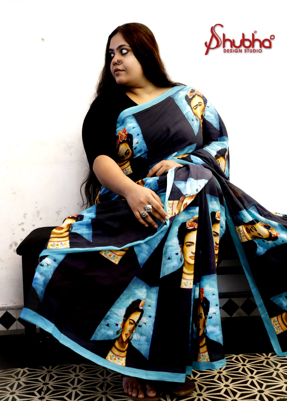 Black And Sea Green Frida Kahlo Saree