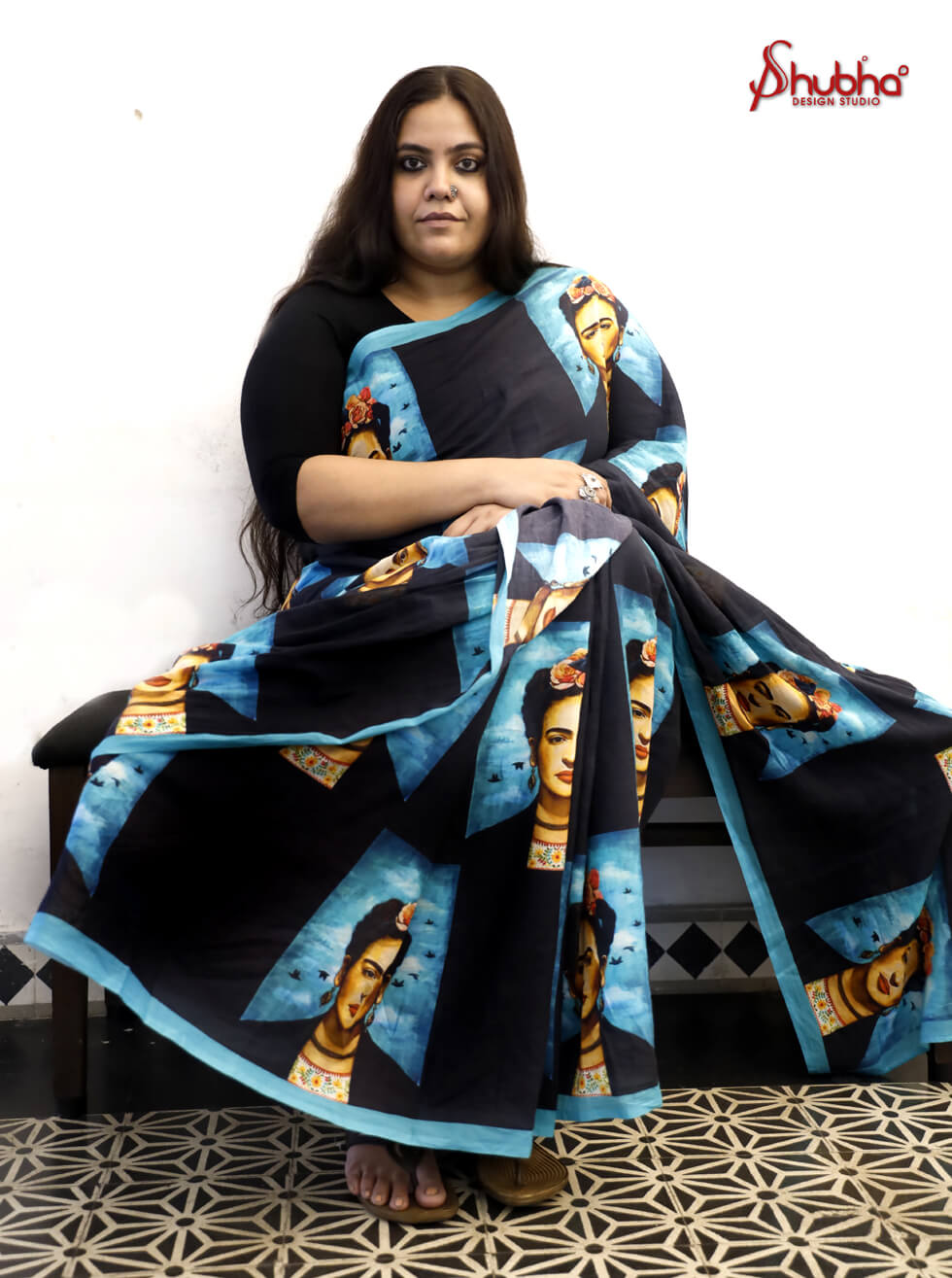 Black And Sea Green Frida Kahlo Saree