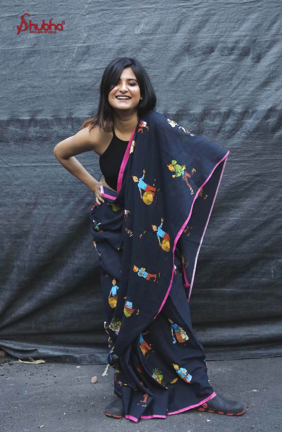 Black Tintin Printed Saree