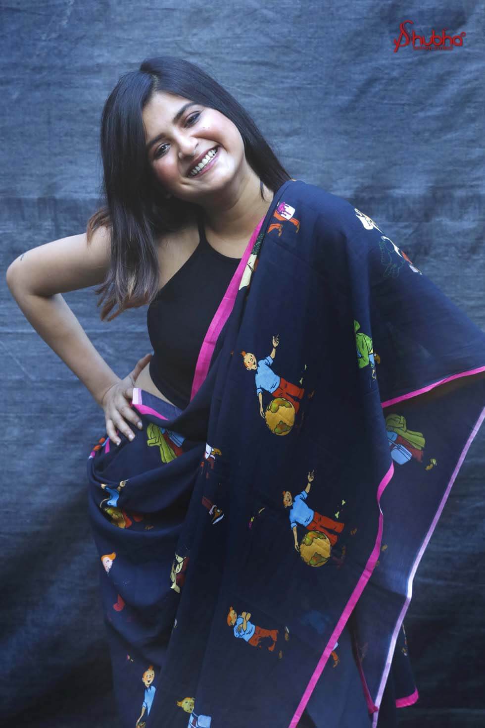 Black Tintin Printed Saree
