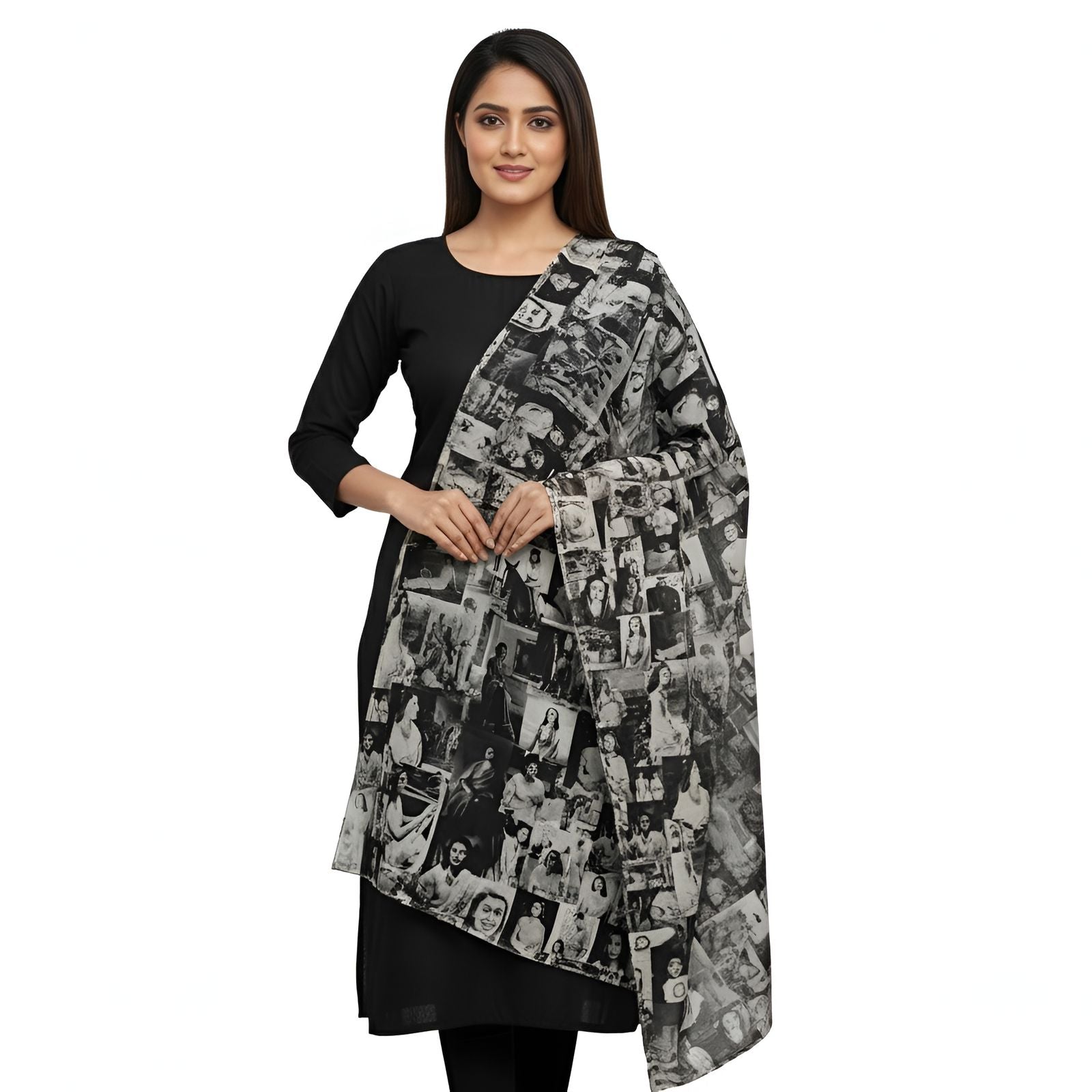 Maharani Gayatri Devi Printed Stole in Black & White