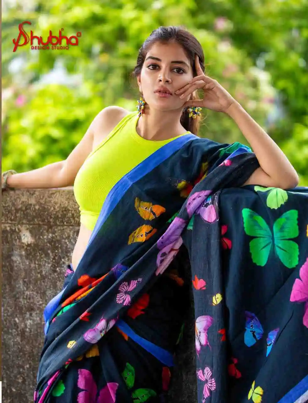 Black Multicoloured Butterfly Saree