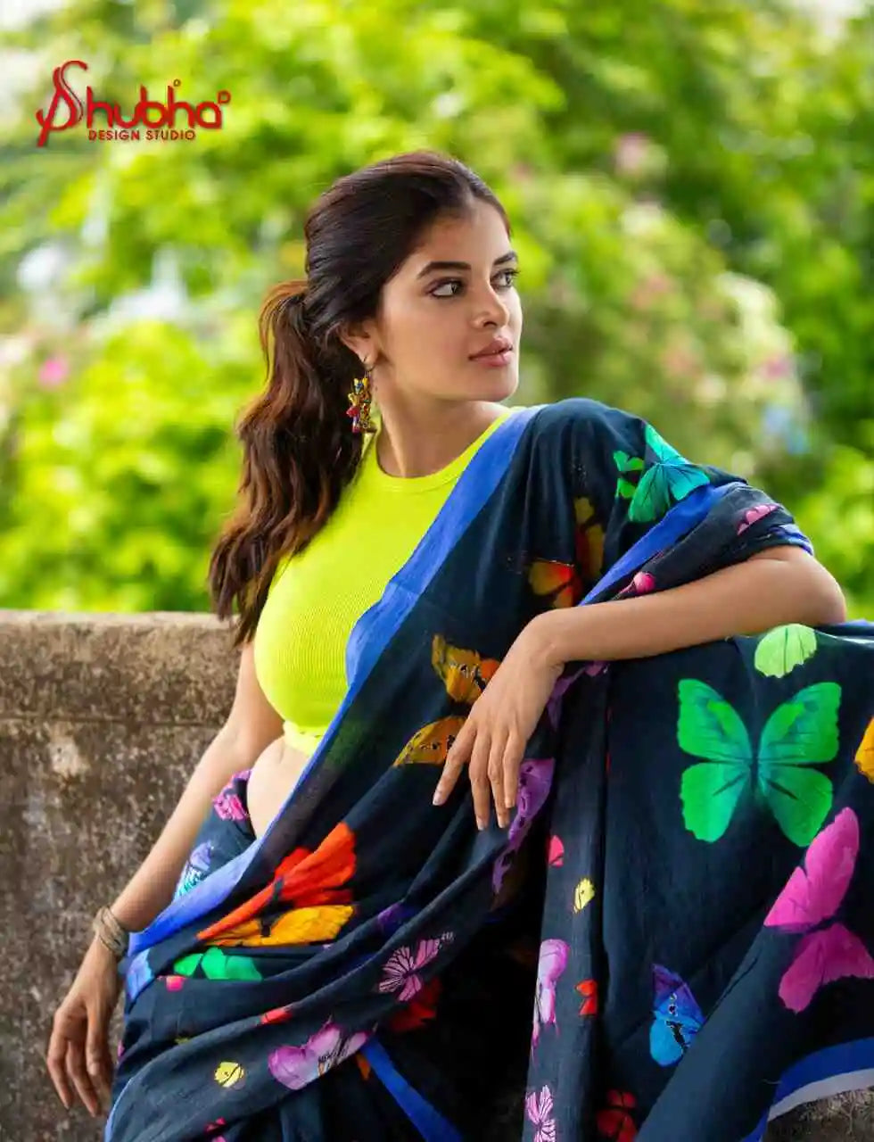 Black Multicoloured Butterfly Saree