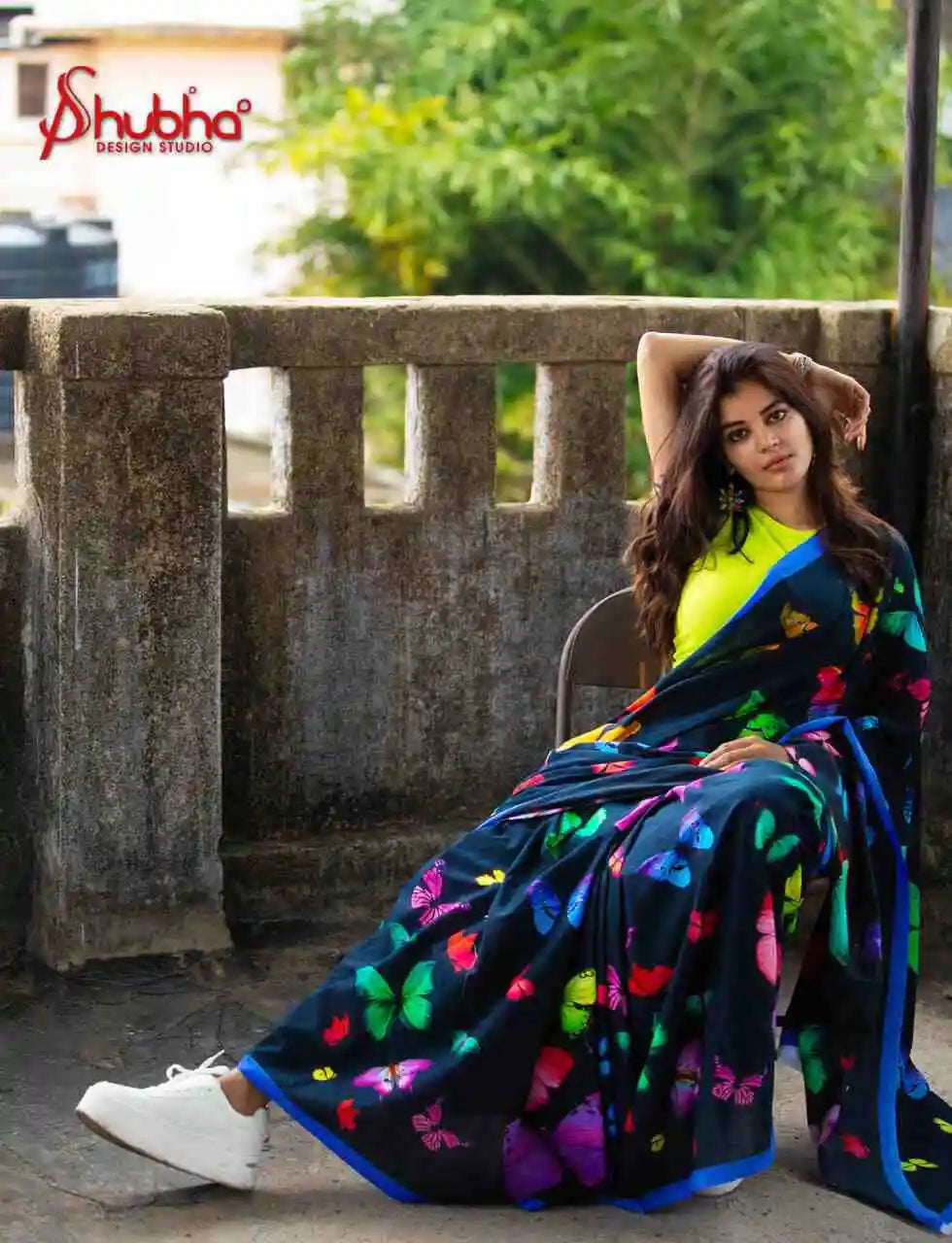 Black Multicoloured Butterfly Saree