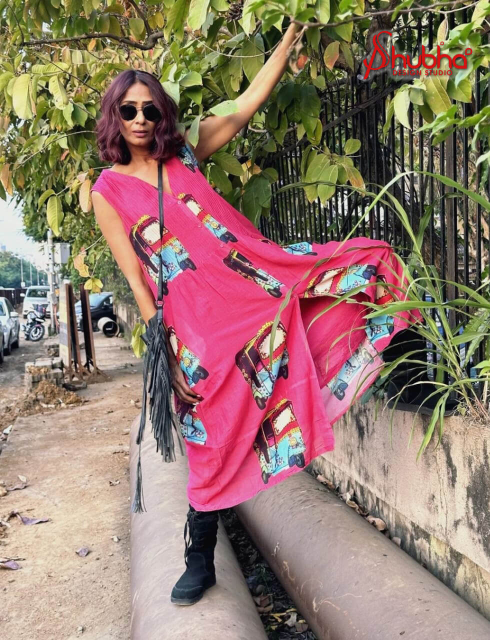Neon Pink Auto Printed Sleeveless Dress Front Open