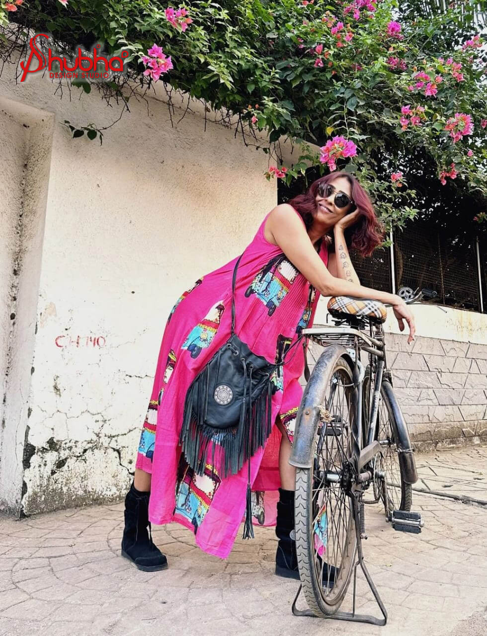 Neon Pink Auto Printed Sleeveless Dress Front Open